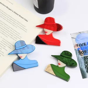Retro Acrylic Women Silhouette Brooch Pin Elegant Modern Lady Wearing Wide Brim Hat Corsage Fashion Jewelry Accessory