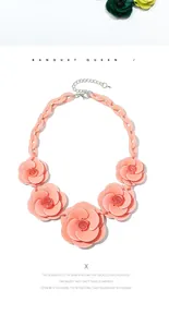 Detail view of large pink acrylic rose flower charms on a matching chunky link necklace