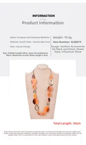 Détails du collier en acrylique orange coucher de soleil avec dimensions et spécifications