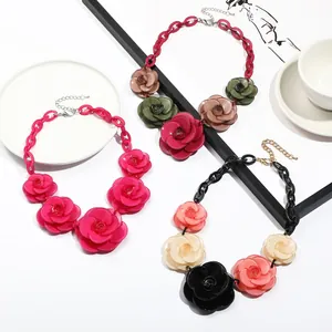 Bohemian acrylic rose flower necklace with colorful bold chunky chains for women