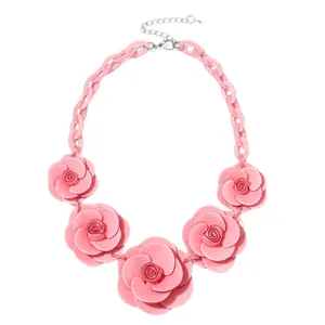 Pink acrylic rose necklace with chunky resin chain and multi-layered floral design