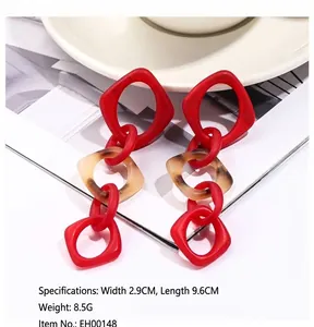Detailed dimensions of long red and tortoiseshell geometric acrylic chain earrings