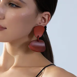 Matte terracotta geometric drop earrings in an artistic multilayer acrylic design for women