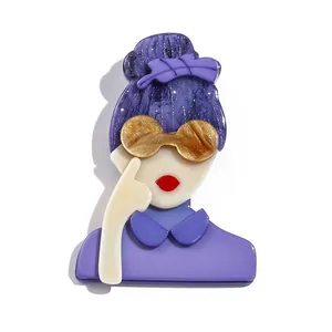 Chic acrylic brooch with woman sunglasses design and purple hair detail for women