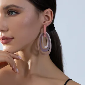 Three-layer geometric acrylic drop earrings for women in pink and purple colors