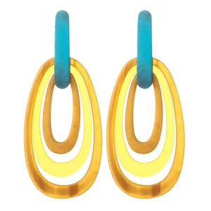 Handmade geometric acrylic drop earrings with multilayered amber and blue oval pendants