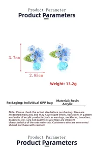 Detailed view of blue acrylic floral cluster earrings with resin petals and bead accents