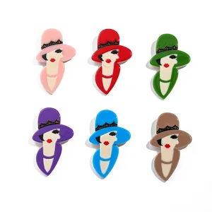 Set of 6 luxury acrylic lady brooches with wide-brimmed hats in vibrant assorted colors