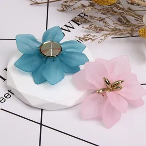 Detailed close-up of matte acrylic flower earrings in blue and pink with gold stamens