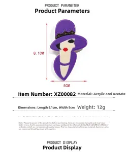 Detailed view of acrylic portrait brooch in purple and beige with size dimensions