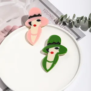 Chic retro acrylic bust brooches featuring elegant ladies in pink and green colors