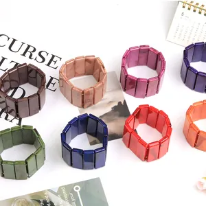 Women Acrylic Marble Texture Elastic Bracelet Fashion Vintage Wide Rectangular Bead Bangle Jewelry Accessories Gift Boho Style