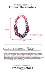 Acrylic chain link necklace detail with pink and purple rings showing 28cm size and weight