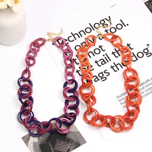 Acrylic chunky link necklace with marble texture in blue and orange colors