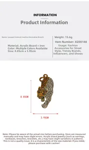 Detailed size specifications for leopard acrylic brooch showing dimensions 8.85CM x 3.95CM