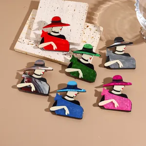 Lot de six broches colorées en acrylique avec silhouette rétro de femme et chat