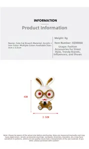 Detailed size specifications for a cartoon acrylic rabbit brooch accessory