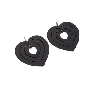 Minimalist black acrylic triple heart drop earrings with silver hooks for women