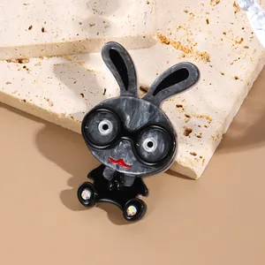 Modern acrylic cartoon rabbit brooch with marble texture and rhinestone accents