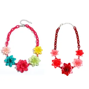 Bohemian acrylic flower necklaces with vibrant petals and chunky colorful resin chains
