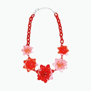 Bohemian chunky red acrylic floral necklace with five gradient flower pendants and chain