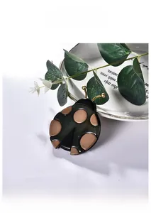 Détail d'une broche coccinelle verte avec antennes dorées sur une assiette en céramique