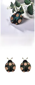 Détail de boucles d'oreilles coccinelle en acrylique vert avec antennes dorées