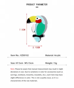Macro view showing dimensions and colorful acrylic material of the toucan bird brooch