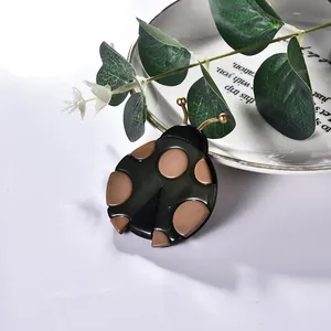 Broche coccinelle faite main en résine vert foncé avec antennes dorées sur fond blanc