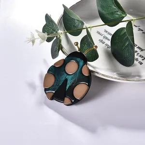 Broche coccinelle artistique en résine marbrée verte et marron sur une assiette décorative blanche