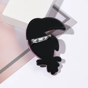 Artistic Acryl Vogelbrosche in Schwarz mit rosa Rand, französischer Retro-Stil Pin