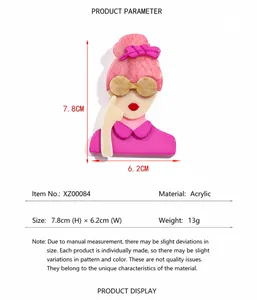 Detail of pink acrylic flower girl brooch showing dimensions 7.8x6.2cm and 13g weight