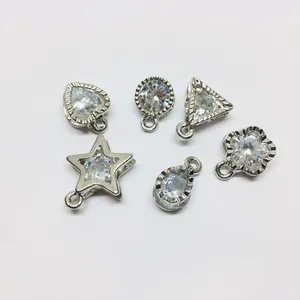 Set of six silver alloy geometric charms with inlaid clear zircons for DIY jewelry making