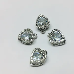 Set of four silver heart pendants with clear cubic zirconia for DIY jewelry making