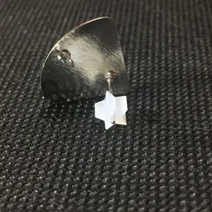 Macro shot of silver brushed metal fan with a white star silicone earring back on mesh