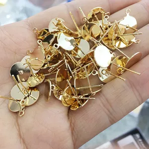 14k gold plated S925 silver pin ear stud base with flat round disk and loop for DIY jewelry