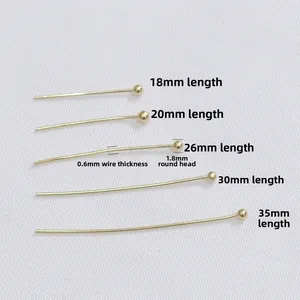 Clous à tête ronde dorés 14K en cinq longueurs pour la création de bijoux et boucles