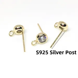 14K gold-plated S925 sterling silver stud earrings with round cubic zirconia and loop