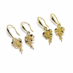 Ganchos de pendientes flor de oro de 14k con soporte de perla y sello grabado para joyas DIY