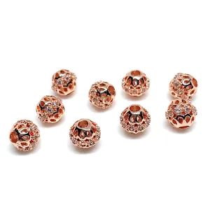 Rose gold hollow spacer beads with cubic zirconia for DIY jewelry bracelet making