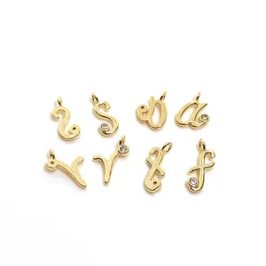 14k gold plated brass alphabet charms with micro inlaid zircon for DIY jewelry making