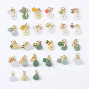 Ancient Gold Plated Copper Pendants Faux Jade Traditional Chinese Lotus Safety Buckle For DIY Bracelet Jewelry Making