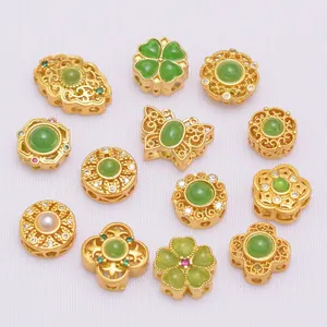 Gold-plated jewelry beads with green gemstones and zircon for DIY bracelets