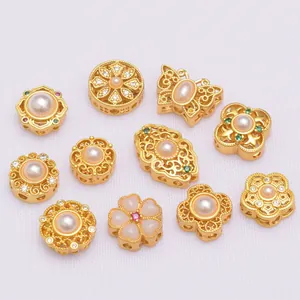 Golden flower beads with pearls and colorful zircons for DIY jewelry making