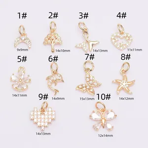 14K gold-filled charms set with zircon in heart and butterfly designs for DIY jewelry