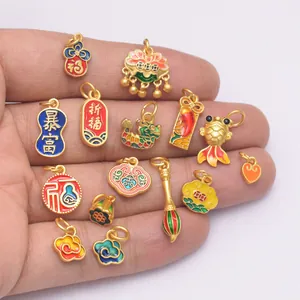 Traditional gold-plated charms set with colorful enamel cloud and lotus patterns