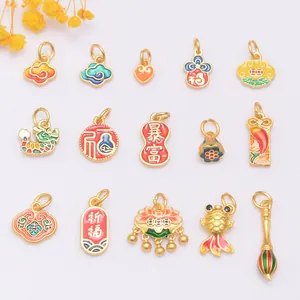 Vintage Chinese Style Copper Enamel Pendants For DIY Jewelry Making Auspicious Cloud Fu Character Lotus Gourd Small Gold Charms