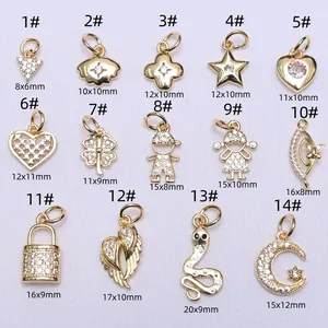 Selection of 14K gold plated clover and heart charms with zircon for DIY jewelry making