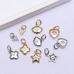 Selection of 14K gold-filled charms with zircon heart and clover shapes for DIY jewelry