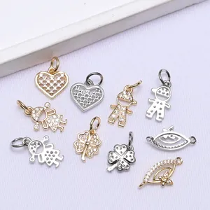 Selection of 14k gold and silver plated clover and heart charms with micro-pave zircons